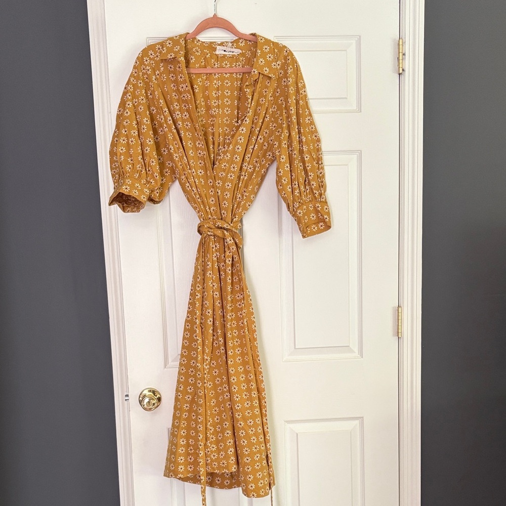 THE GREAT. Mustard Floral Long Sleeve Dress